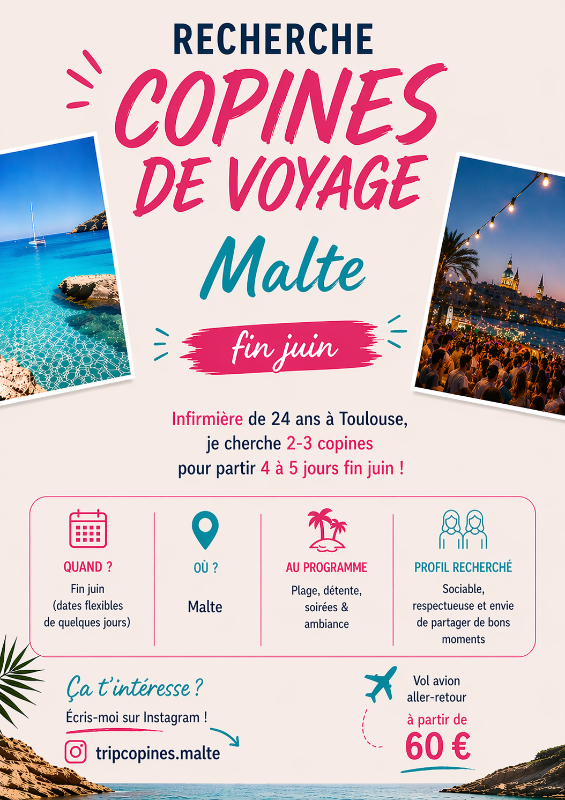 Recherche copines de voyage pour Maltes ou les îles baléares✨✈️